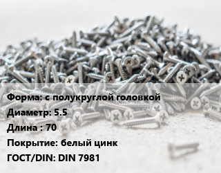 Шуруп с полукруглой головкой 5.5х70 белый цинк ГОСТ: DIN 7981, шт цена от 2.02 ₼ / кг, где купить, условия доставки в Баку и Бакинская области